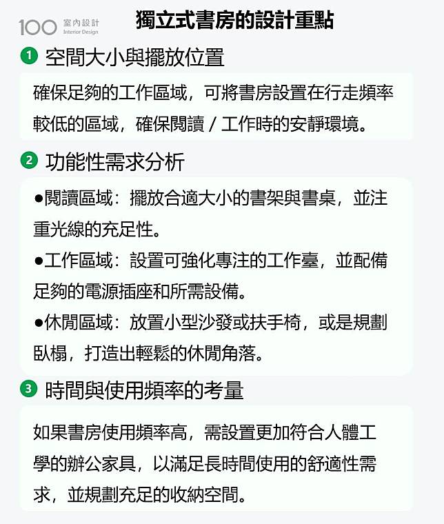 獨立事書房的設計重點圖