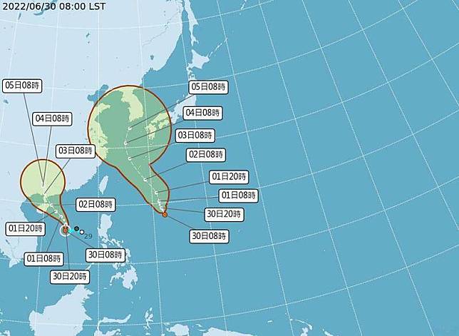 目前 (06月30日08時)太平洋地區有 1 個颱風芙蓉(圖右)，有 1 個熱帶性低氣壓(T.D.)。(取自中央氣象局)