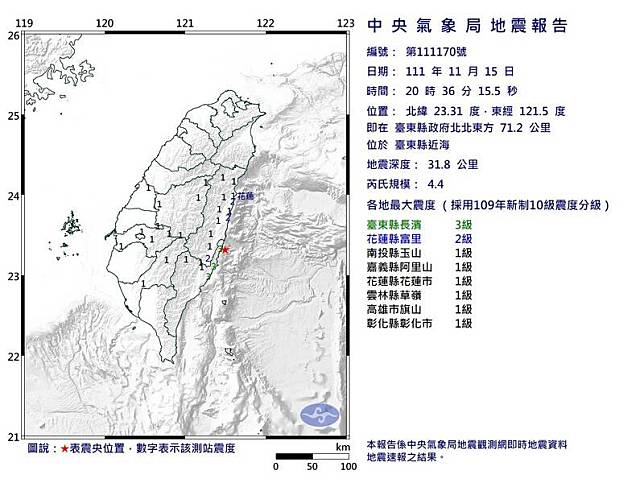 今（15）天晚間8點36分在台東發生規模4.4有感地震。   圖：氣象局提供