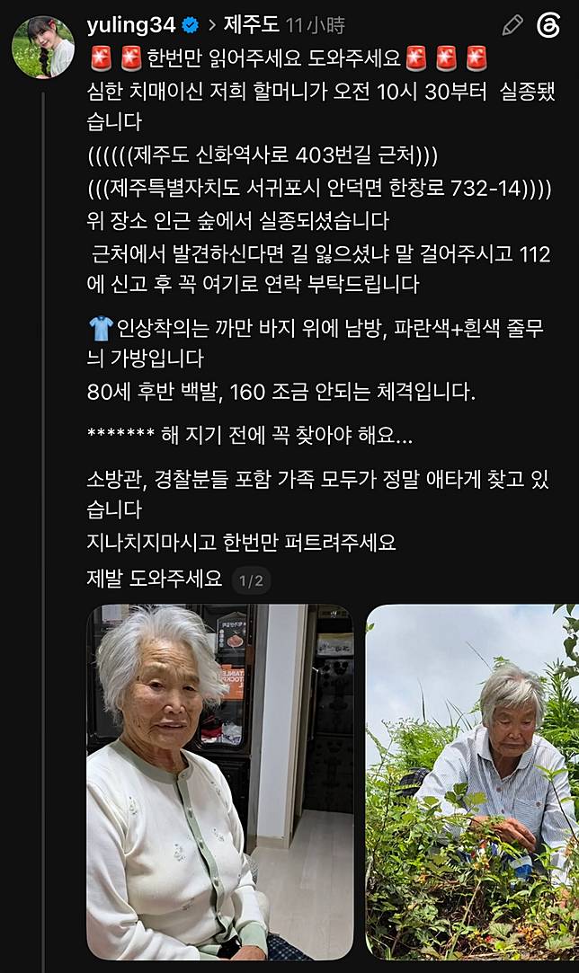 邊荷律於27日發文，請大家協尋失蹤的奶奶。翻攝Threads @yuling34