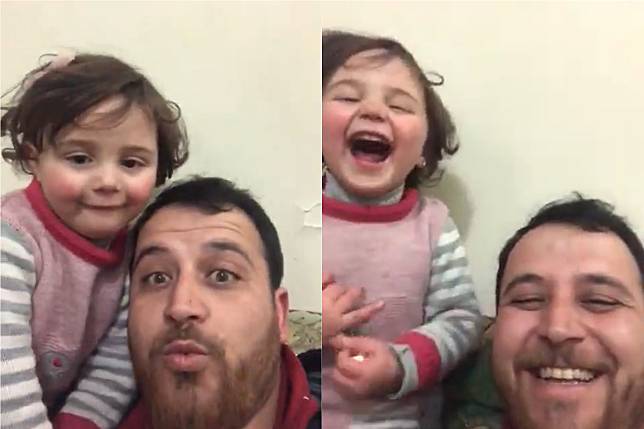▲敘利亞一名父親阿布杜拉·莫哈默德（ Abdullah Mohammad ）為了安撫小女兒，相約一起在空襲時開懷大笑。（合成圖／翻攝推特）