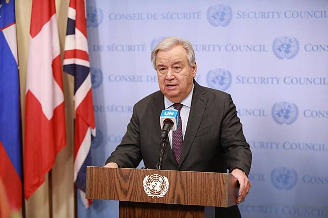 UN Secretary-General Antonio Guterres speaks to the press outside the Security Council Chamber at the UN headquarters in New York, on Dec. 5, 2024. (Xinhua/Xie E)