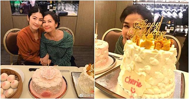 鍾楚紅孖陳慧琳在生日蛋糕前面貼面合照。（鍾楚紅微博圖片／明報製圖）