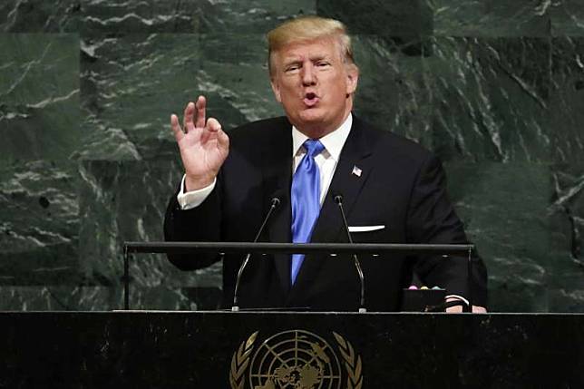 美國總統川普2017年在聯合國大會總辯論開場發表演說。(美聯社)