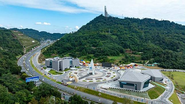 This aerial drone photo taken on Oct. 27, 2024 shows a base camp that serves as the start point of a road trip along the National Highway 318, in Ya'an, southwest China's Sichuan Province. (Xinhua/Shen Bohan)