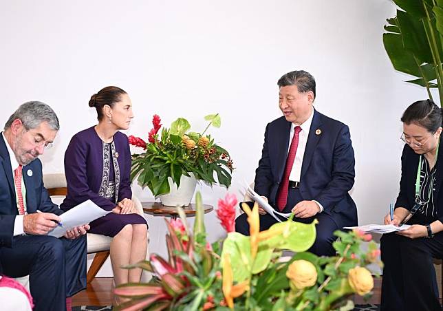 Chinese President Xi Jinping meets with Mexican President Claudia Sheinbaum Pardo on the sidelines of the 19th G20 Leaders' Summit in Rio de Janeiro, Brazil, Nov. 18, 2024. (Xinhua/Li Xueren)