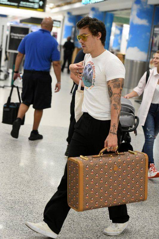 Harry Style拿著Gucci X Disney的行李箱上機。