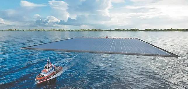 ▲旭東環保2023年起為期2年半的「離岸太陽光電系統浮台技術開發計畫」能專計畫。圖為光電案場示意圖（圖／旭東提供）