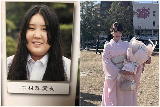 日本網友中村珠愛莉女大十八變，瘦身前後對比照引起討論。（翻攝@9ninecat_ X）