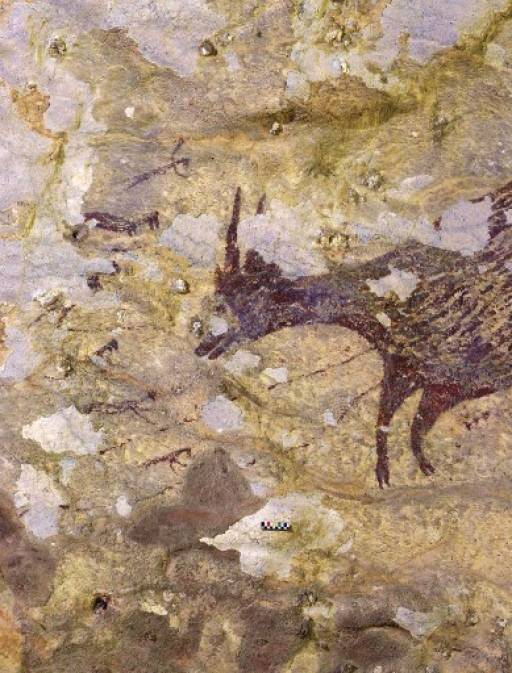 งานศิลปะที่พบบนผนังถ้ำ ได้รับการยืนยันแล้วว่า มีอายุอย่างน้อย 43,900 ปีในช่วงยุคหินเก่าปลาย RATNO SARDI / GRIFFITH UNIVERSITY / AFP