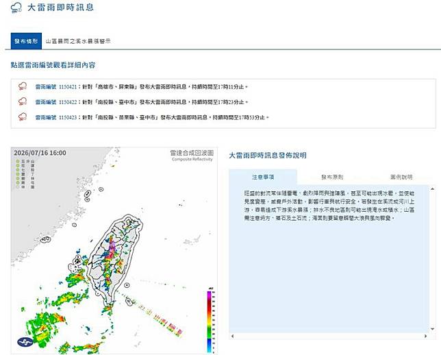 中央氣象署發布大雷雨即時訊息。（翻攝自中央氣象署官網）