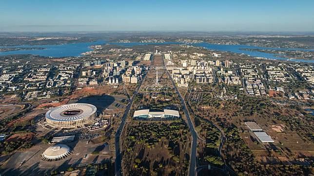 This aerial drone photo shows a view of the Monumental Axis and its surrounding areas in Brasilia, Brazil.