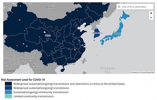 美國疾病管制與預防中心(CDC)在新製的旅遊警訊圖表中，將中國列為最危險等級，由於美國一直都未對台灣發布旅遊警訊，因此並未列入台灣。(圖擷自美國CDC網站)