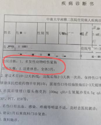  長沙男子傷病診斷書。 圖：翻攝自新浪網 