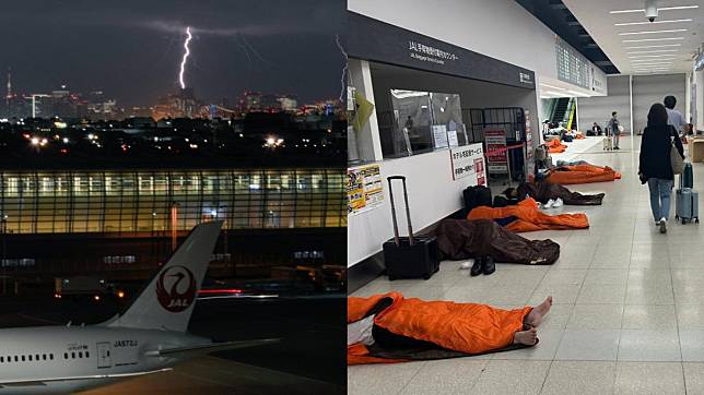 雷雨7日晚間轟炸東京，羽田航班大亂，大批旅客在機場過夜。（圖／翻攝自X@maratoom、suisetz）