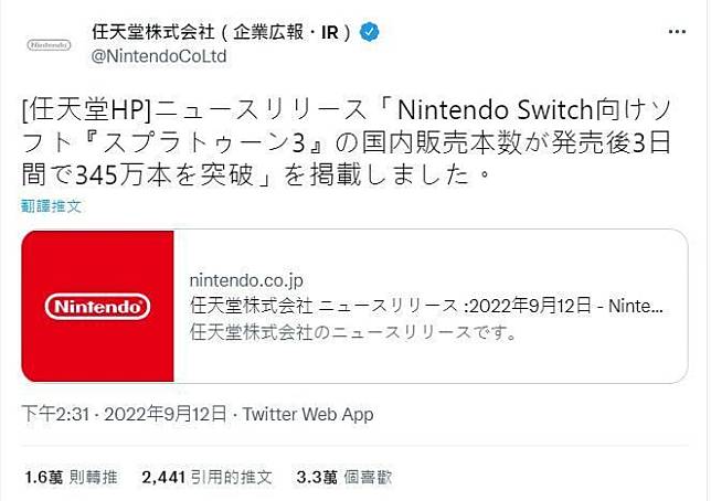 任天堂發布《斯普拉遁3》的熱賣消息。（翻攝自Twitter@NintendoCoLtd）