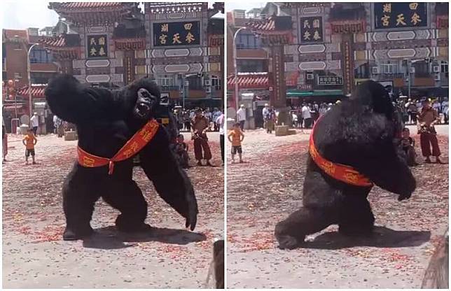 雲林四湖參天宮2日的進香活動出現一頭「大猩猩」在廟埕熱舞，引發網友熱議。(圖翻攝自四湖參天宮臉書)