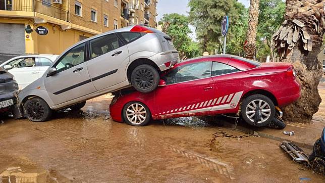 This photo taken on Oct. 30, 2024 shows the view of a flood-hit street in Aldaya, Valencia province of Spain. (Photo by Gustavo Valiente/Xinhua)