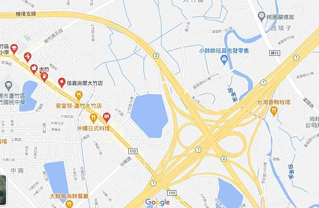 國道2號桃園蘆竹、大竹交流道西向7.5公里處，21日一早發生6車追撞車禍。（截自google地圖）