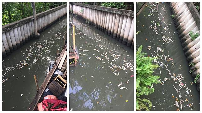 泰國曼谷一處運河水面上，竟飄著數百個用過的保險套。(圖／翻攝自臉書)