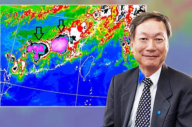 氣象局長鄭明典晚間在臉書表示，衛星雲圖已經可以觀測到「中尺度對流系統」，圖中紫色「團狀雲塊」是「梅雨季最常帶來強降雨的天氣系統」。(圖取自鄭明典臉書、資料照；本報合成)