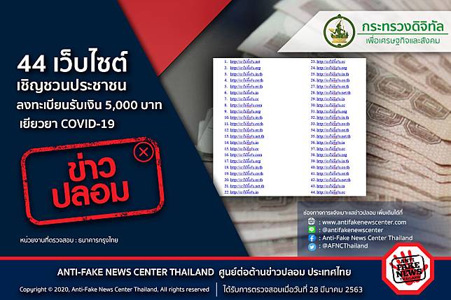 ข่าวปลอม อย่าแชร์ ! 44 เว็บไซต์ เชิญชวนประชาชนลงทะเบียน รับเงิน 5,000 บาท เยียวยา COVID-19