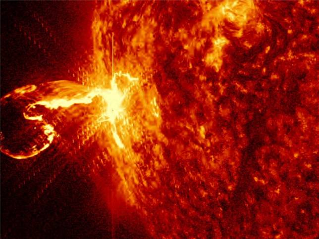 This image provided by Beijing Normal University shows a solar flare with a coronal mass ejection.(Beijing Normal University/Handout via Xinhua)