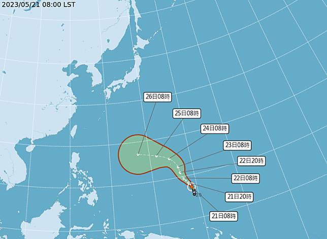 今年第二號颱風瑪娃昨(20)日下午生成輕度颱風，並預計在明日增強為中度颱風。 圖：翻攝自中央氣象局官網