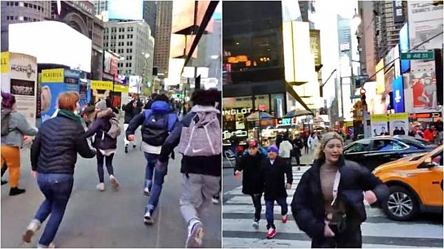 紐約時代廣場驚傳爆炸聲，遊客驚慌逃跑。（翻攝自推特）