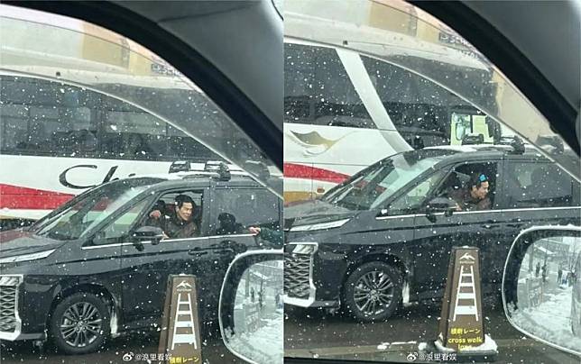 網友在日本巧遇彭于晏，他搖下車窗與車外的人交談，坐在他身邊駕駛座的疑似是一名女子。（翻攝自浪裡看娛微博）
