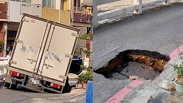 台南又見路面塌陷，有貨車後輪遭吞沒卡住。（圖／翻攝自台南府城大小事）