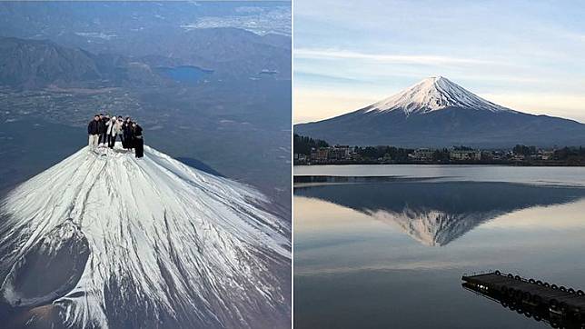 中國網友分享登頂富士山的照片（左圖，翻攝自小紅書）引來眾人嘲笑。右圖為示意圖（翻攝自Unsplash）。