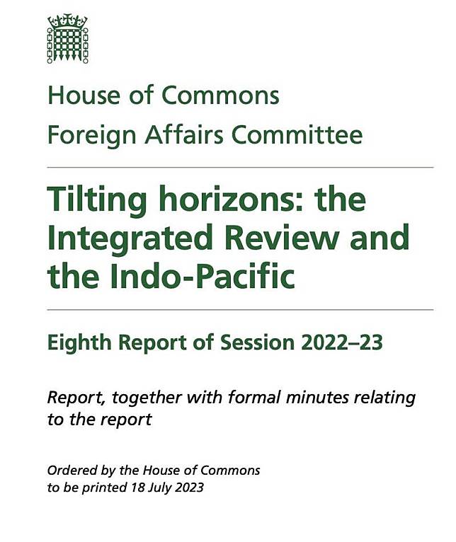 英國國會下議院外交事務委員會30日公布「Tilting Horizons: the Integrated Review and the Indo-Pacific」報告，圖為報告封面。(取自英國下議院官網)