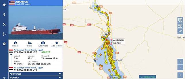長榮海運超大型貨櫃輪「長賜號」23日擱淺在蘇伊士運河，造成該處堵塞多日，目前長賜號雖已脫困，但預估航道疏通仍要數日，從船隻追蹤網站VesselFinder最新畫面就可看到，目前大批船隻仍在排隊等待通行。(圖擷自VesselFinder)