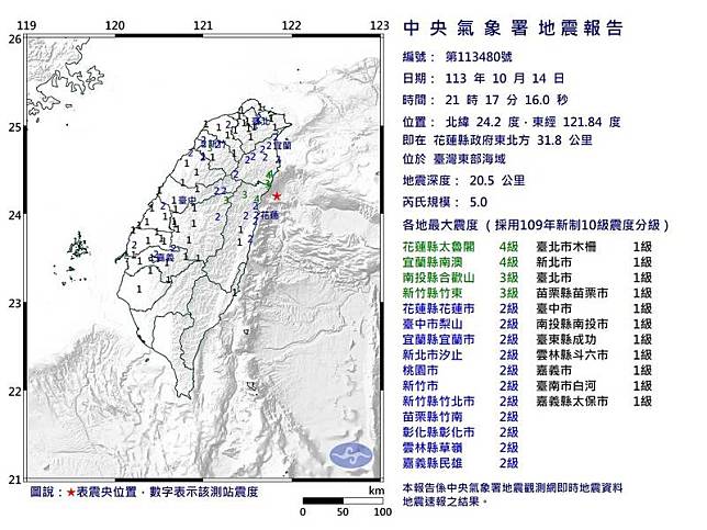 今（14）天晚間9點17分東部發生規模5.0的有感地震。（圖：中央氣象署提供）