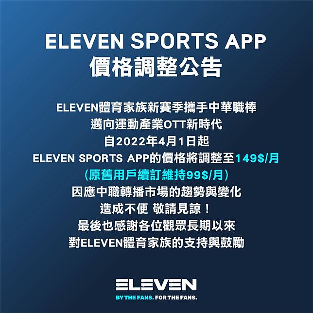 ELEVEN SPORTS APP漲價。（翻攝自ELEVEN SPORTS APP）