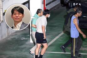 「小英男孩」鄭亦麟（灰衣）遭檢調查出涉嫌收賄，今天凌晨北院裁定羈押禁見。（合成照片／陳愷巨攝、取自歐洲在臺商務協會臉書粉專）