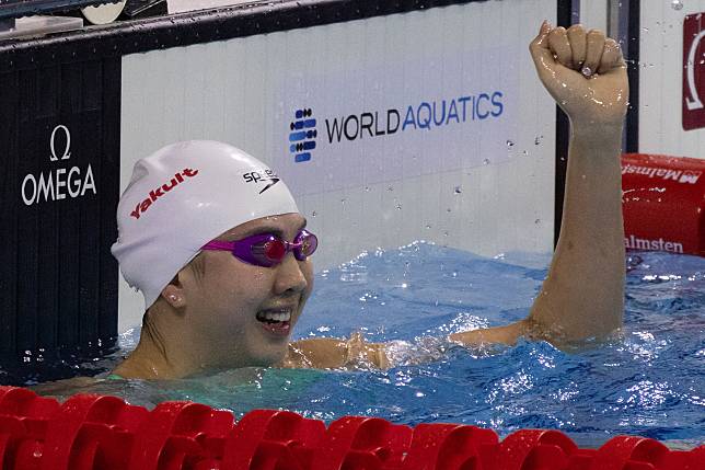 Tang Qianting of China reacts after winning the women's 100m breaststroke final at the World Aquatics Swimming Championships (25m) in Budapest, Hungary, on Dec. 12, 2024. (Photo by Attila Volgyi/Xinhua)