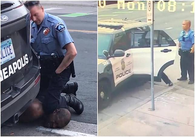 當時警方執法的最新影片曝光，從另個角度看來車門不斷晃動，疑似警方在車上有毆打對方的狀況，後方還有位位員警冷眼旁觀。（翻攝自Shaun King IG）