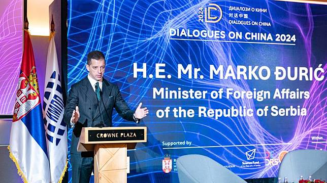 Serbian Foreign Minister Marko Djuric addresses the opening ceremony of the fourth annual &ldquo;Dialogues on China&rdquo; conference in Belgrade, Serbia, Oct. 10, 2024. (Photo by Wang Wei/Xinhua)