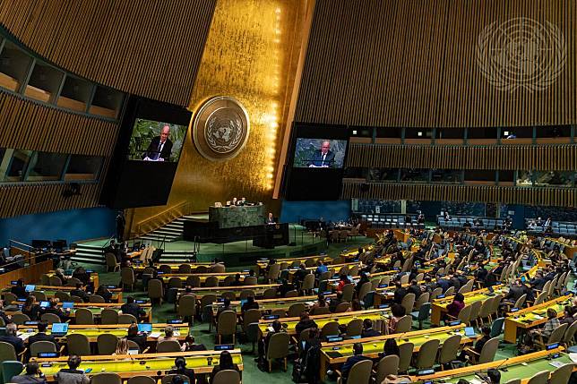 聯合國大會10日召開緊急會議，討論俄羅斯宣佈併吞4個部分被佔領的烏克蘭地區。(UN Photo/Rick Bajornas)