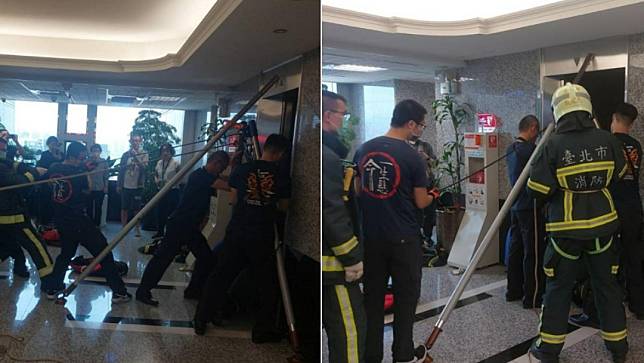 飛碟電台大樓發生電梯急墜事故，七人受困，消防人員前往救援。翻攝蕭彤雯臉書