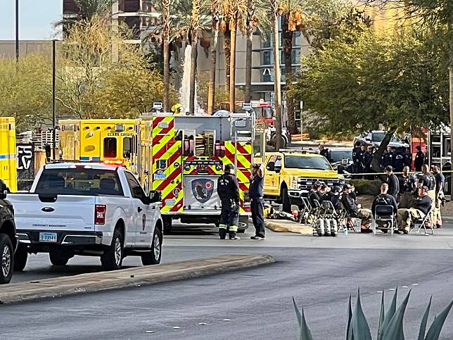 First responders are seen in an area sealed off outside the Trump International Hotel in Las Vegas, Nevada, the United States, on Jan. 1, 2025. (Xinhua/Tan Jingjing)