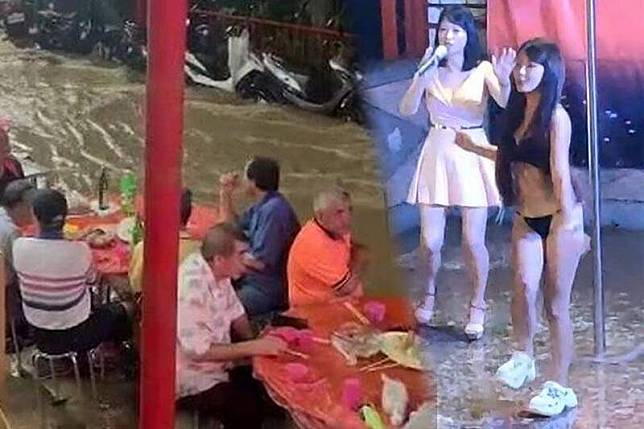 嘉義縣大雨狂炸水淹路面，但民眾仍淡定開吃「流水席」，台上的比基尼辣妹不顧風雨照樣嗨舞。(本報合成)