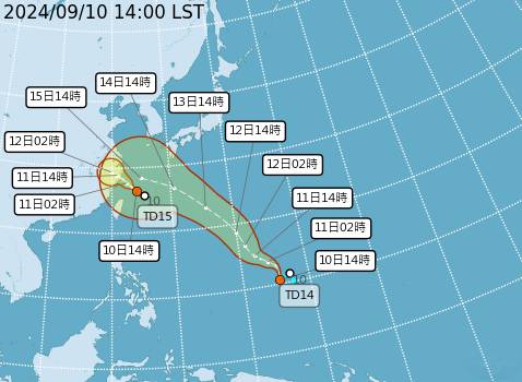 位於關島東南方海面的熱帶低壓ＴＤ１４，十一日可能發展為颱風，未來並有機會侵襲台灣地區。（中央氣象局／提供）