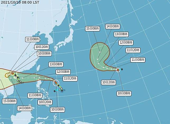 今天晚間西北太平洋上可能有三個颱風同時出現，但並不會相互影響，圖左至右依序為輕颱獅子山、圓規和南修。(中央氣象局提供)