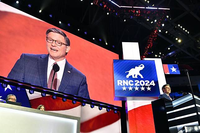 File photo taken on July 15, 2024 shows Mike Johnson speaking during the Republican National Convention 2024 in Milwaukee, Wisconsin, the United States. (Xinhua/Li Rui)