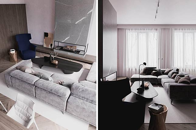 客廳以多種豐富面材、質感和淺淡色彩，組出溫暖的生活環境
