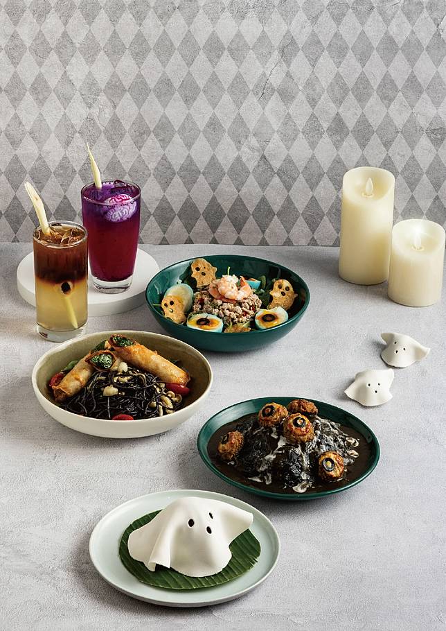 「萬聖節雙人套餐」以搞鬼搗蛋風格，集結眼球、腦袋、黑沼澤、斷指等象徵，作為主廚研發靈感來源，每套優惠價1,380元+10%。(圖片提供/ Lady nara)