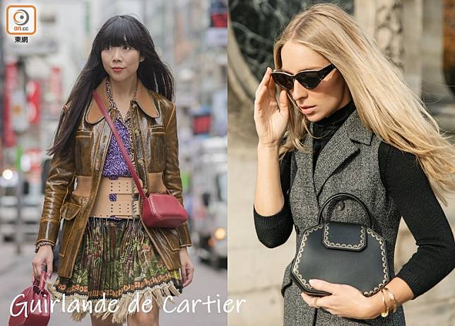 Cartier為Guirlande de Cartier 系列手袋推出更時尚小巧的袖珍款，深得Susie Lau（左）及Carin Olsson（右）等時尚達人追捧。（互聯網）